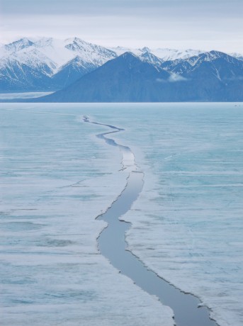 Zigzag Lead in Ice, Pond Inlet (Mittimatalik), Nunavut, Canada, from Thaw: An Arctic in Transition, 2014, Archival Inkjet Print, 24 x 20 inches, edition of 9.  As the frozen sea thaws, leads (cracks) of open sea form.  These make travel on the ice by sled, foot, or snowmobile hazardous and dangerous but are part of the annual cycle of the ice's freezing and thawing.  Pond Inlet, population 1,500, at the northern tip of Baffin Island, across from Greenland, is rich in marine life, including seals, beluga, bowhead whales, and narwhal.   Pond Inlet's mayor speaks only Inuktitut and not English.   Canadian Prime Minister Stephen Harper met with the Mayor in Pond Inlet in August 2014, showing the importance of the region to Canada. 